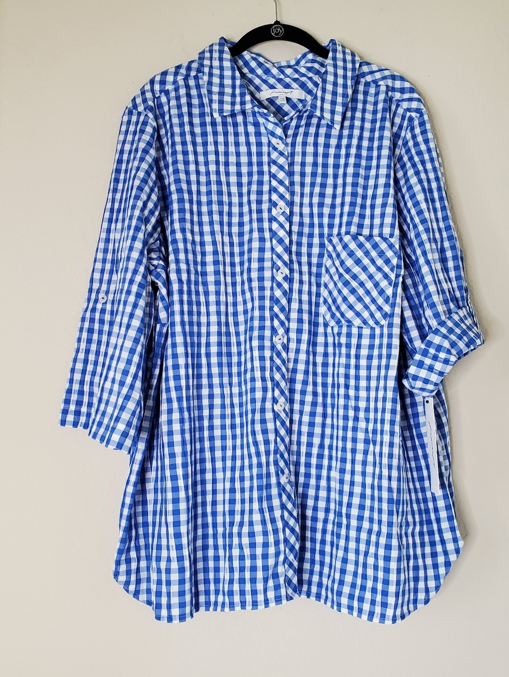 New Foxcroft Womens Stretch Crinkled Gingham Shirt Blouse Size 22W Blue White
